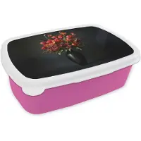 MuchoWow Broodtrommel Roze - Lunchbox Boeket - Tulpen - Vaas - Rood - Brooddoos 18x12x6 cm - Brood lunch box - Broodtrommels voor kinderen en volwassenen