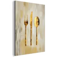 MuchoWow Aluminium schilderij 90x120 cm - Wanddecoratie metaal - Verf - Goud - Bestek - Metalen muurdecoratie woonkamer - Decoratie industrieel - Foto op dibond - Industriële accessoires slaapkamer