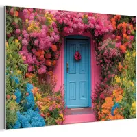 MuchoWow Aluminium schilderij 120x80 cm - Wanddecoratie metaal - Bloemen - Deur - Roze - Metalen muurdecoratie woonkamer - Decoratie industrieel - Foto op dibond - Industriële accessoires slaapkamer