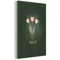 MuchoWow Aluminium schilderij 60x90 cm - Wanddecoratie metaal - Tulpen - Roze - Tekst - Love - Metalen muurdecoratie woonkamer - Decoratie industrieel - Foto op dibond - Industriële accessoires slaapkamer