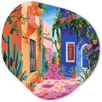 MuchoWow Organische wanddecoratie 40x40 cm - Organisch schilderij Geel - Blauw - Oranje - Huis - Muurdecoratie woonkamer - Kamer decoratie - Schilderijen - Muurcirkel aesthetic