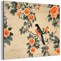 MuchoWow Aluminium schilderij 120x90 cm - Wanddecoratie metaal - Vogel - Tak - Bloemen - Oranje - Metalen muurdecoratie woonkamer - Decoratie industrieel - Foto op dibond - Industriële accessoires slaapkamer