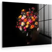 MuchoWow Glasschilderij 160x120 cm - Schilderij acrylglas - Kleurrijk - Boeket - Vaas - Donkerbruin - Foto op glas - Muurdecoratie woonkamer - Wanddecoratie slaapkamer - Schilderijen