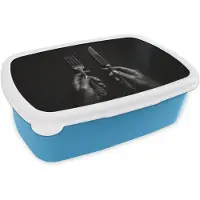 MuchoWow Broodtrommel Blauw - Lunchbox Bestek - Zwart - Wit - Brooddoos 18x12x6 cm - Brood lunch box - Broodtrommels voor kinderen en volwassenen