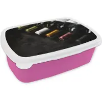 MuchoWow Broodtrommel Roze - Lunchbox Wijn - Flessen - Variatie - Smaken - Brooddoos 18x12x6 cm - Brood lunch box - Broodtrommels voor kinderen en volwassenen