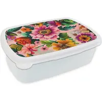 MuchoWow Broodtrommel Wit - Lunchbox Bloemen - Kleurrijk - Roze - Brooddoos 18x12x6 cm - Brood lunch box - Broodtrommels voor kinderen en volwassenen