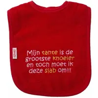 Funnies Rode slab met "Mijn tante is de grootste knoeier en toch moet ik deze slab om" - knoeien, knoeiertje, eten, kraamcadeautje, cadeautje
