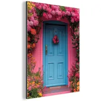MuchoWow Aluminium schilderij 30x40 cm - Wanddecoratie metaal - Bloemen - Deur - Roze - Metalen muurdecoratie woonkamer - Decoratie industrieel - Foto op dibond - Industriële accessoires slaapkamer