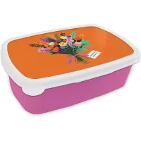 MuchoWow Broodtrommel Roze - Lunchbox Kaartje - Boeket - Bloemen - Brooddoos 18x12x6 cm - Brood lunch box - Broodtrommels voor kinderen en volwassenen