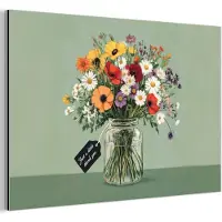 MuchoWow Aluminium schilderij 150x100 cm - Wanddecoratie metaal - Bloemen - Vaas - Kaartje - Metalen muurdecoratie woonkamer - Decoratie industrieel - Foto op dibond - Industriële accessoires slaapkamer