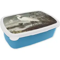 MuchoWow Broodtrommel Blauw - Lunchbox Reiger - Planten - Wolken - Wit - Brooddoos 18x12x6 cm - Brood lunch box - Broodtrommels voor kinderen en volwassenen