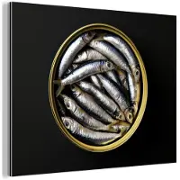 MuchoWow Aluminium schilderij 80x60 cm - Wanddecoratie metaal - Sardines - Vissen - Rond - Zwart - Metalen muurdecoratie woonkamer - Decoratie industrieel - Foto op dibond - Industriële accessoires slaapkamer