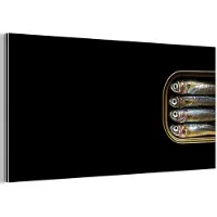 MuchoWow Aluminium schilderij 80x40 cm - Wanddecoratie metaal - Sardines - Blik - Zwart - Vissen - Metalen muurdecoratie woonkamer - Decoratie industrieel - Foto op dibond - Industriële accessoires slaapkamer