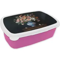 MuchoWow Broodtrommel Roze - Lunchbox Hout - Vaas - Kleuren - Bloemen - Brooddoos 18x12x6 cm - Brood lunch box - Broodtrommels voor kinderen en volwassenen
