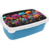 MuchoWow Broodtrommel Blauw - Lunchbox Bloemen - Kleurrijk - Spetters - Brooddoos 18x12x6 cm - Brood lunch box - Broodtrommels voor kinderen en volwassenen