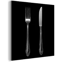 MuchoWow Aluminium schilderij 90x90 cm - Wanddecoratie metaal - Vork - Mes - Zilver - Metalen muurdecoratie woonkamer - Decoratie industrieel - Foto op dibond - Industriële accessoires slaapkamer