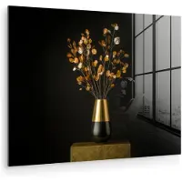 MuchoWow Glasschilderij 160x120 cm - Schilderij acrylglas - Goudbruine - Bladeren - Vaas - Herfstachtig - Foto op glas - Muurdecoratie woonkamer - Wanddecoratie slaapkamer - Schilderijen