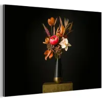 MuchoWow Aluminium schilderij 120x80 cm - Wanddecoratie metaal - Boeket - Oranje - Gouden - vaas - Metalen muurdecoratie woonkamer - Decoratie industrieel - Foto op dibond - Industriële accessoires slaapkamer