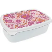 MuchoWow Broodtrommel Wit - Lunchbox Bloemenpatroon - Roze - Oranje - Bloemen - Brooddoos 18x12x6 cm - Brood lunch box - Broodtrommels voor kinderen en volwassenen