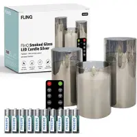 FlinQ LED Kaarsen met Bewegende Vlam in Smoked Glass - Inclusief Batterijen en Afstandsbediening met Timer en Dimfunctie - Nep Kaarsen met Flikkerende Vlam - Dinerkaarsen - 3 stuks- Zilver