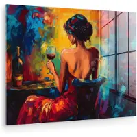 MuchoWow Glasschilderij 160x120 cm - Schilderij acrylglas - Wijn - Vrouw - Sfeervol - Kleurrijk - Foto op glas - Muurdecoratie woonkamer - Wanddecoratie slaapkamer - Schilderijen