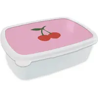 MuchoWow Broodtrommel Wit - Lunchbox Kersen - Roze - Illustratie - Brooddoos 18x12x6 cm - Brood lunch box - Broodtrommels voor kinderen en volwassenen
