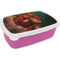 MuchoWow Broodtrommel Roze - Lunchbox Vrouw - Drankenfruit - Rozen - Brooddoos 18x12x6 cm - Brood lunch box - Broodtrommels voor kinderen en volwassenen