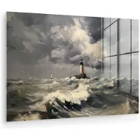 MuchoWow Glasschilderij 180x120 cm - Schilderij acrylglas - Vuurtoren - Golven - Storm - Foto op glas - Muurdecoratie woonkamer - Wanddecoratie slaapkamer - Schilderijen