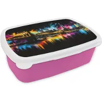 MuchoWow Broodtrommel Roze - Lunchbox Skyline - Brug - Verlichting - Kleuren - Brooddoos 18x12x6 cm - Brood lunch box - Broodtrommels voor kinderen en volwassenen