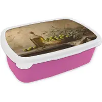 MuchoWow Broodtrommel Roze - Lunchbox Olijven - Stilleven - Vintage - Brooddoos 18x12x6 cm - Brood lunch box - Broodtrommels voor kinderen en volwassenen