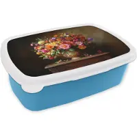 MuchoWow Broodtrommel Blauw - Lunchbox Kleuren - Boeket - Vaas - Hout - Brooddoos 18x12x6 cm - Brood lunch box - Broodtrommels voor kinderen en volwassenen