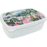 MuchoWow Broodtrommel Wit - Lunchbox Kleurrijk - Huizen - Heuvels - Roze - Brooddoos 18x12x6 cm - Brood lunch box - Broodtrommels voor kinderen en volwassenen