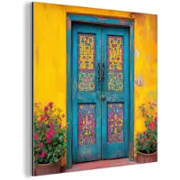 MuchoWow Aluminium schilderij 20x20 cm - Wanddecoratie metaal - Deuren - Kleurrijk - Planten - Metalen muurdecoratie woonkamer - Decoratie industrieel - Foto op dibond - Industriële accessoires slaapkamer