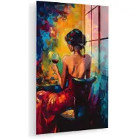 MuchoWow Glasschilderij 120x180 cm - Schilderij acrylglas - Wijn - Vrouw - Sfeervol - Kleurrijk - Foto op glas - Muurdecoratie woonkamer - Wanddecoratie slaapkamer - Schilderijen