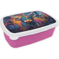 MuchoWow Broodtrommel Roze - Lunchbox Schotse Hooglander - Abstract - Kleurrijk - Brooddoos 18x12x6 cm - Brood lunch box - Broodtrommels voor kinderen en volwassenen