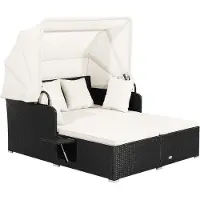Costway Zonneligstoel, rotan voor 2 personen, ligstoel met dak, kussen, uitklapbare zijtafels, dubbel ligbed, zonnebed, loungebed voor tuin, terras