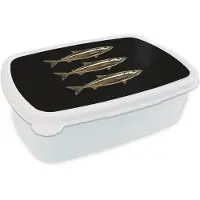 MuchoWow Broodtrommel Wit - Lunchbox Vissen - Goud - Zwart - Brooddoos 18x12x6 cm - Brood lunch box - Broodtrommels voor kinderen en volwassenen