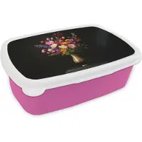MuchoWow Broodtrommel Roze - Lunchbox Kleurrijk - Boeket - Vaas - Goud - Brooddoos 18x12x6 cm - Brood lunch box - Broodtrommels voor kinderen en volwassenen