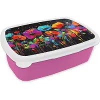 MuchoWow Broodtrommel Roze - Lunchbox Bloemen - Kleurrijk - Spetters - Brooddoos 18x12x6 cm - Brood lunch box - Broodtrommels voor kinderen en volwassenen