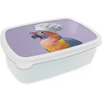 MuchoWow Broodtrommel Wit - Lunchbox Papegaai - Koksmuts - Paars - Cute - Brooddoos 18x12x6 cm - Brood lunch box - Broodtrommels voor kinderen en volwassenen