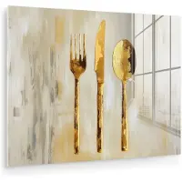 MuchoWow Glasschilderij 160x120 cm - Schilderij acrylglas - Verf - Goud - Bestek - Foto op glas - Muurdecoratie woonkamer - Wanddecoratie slaapkamer - Schilderijen