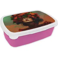 MuchoWow Broodtrommel Roze - Lunchbox Vrouw - Frambozen - Bladeren - Brooddoos 18x12x6 cm - Brood lunch box - Broodtrommels voor kinderen en volwassenen