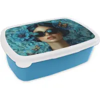MuchoWow Broodtrommel Blauw - Lunchbox Vrouw - Bloemen - Vlinders - Blauw - Abstract - Brooddoos 18x12x6 cm - Brood lunch box - Broodtrommels voor kinderen en volwassenen