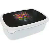 MuchoWow Broodtrommel Wit - Lunchbox Felgekleurd - Bloemen - Vaas - Brooddoos 18x12x6 cm - Brood lunch box - Broodtrommels voor kinderen en volwassenen