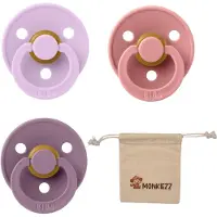 BIBS Dental fopspenen Anatomical 0-6 maanden- Set 3 stuks- Violet Sky , Dusty Pink, Mauve + Monkiezz speenzakje - orthodontisch- Anatomisch- Maat 1