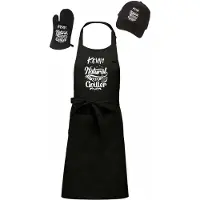 Kariban Mijncadeautje - Barbecue Voordeelset - BBQ Schort + BBQ Handschoen + BBQ Cap - Natural Born Griller - met voornaam naar keuze - zwart