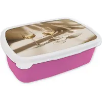MuchoWow Broodtrommel Roze - Lunchbox Wijn - Wijnglazen - Wit - Brooddoos 18x12x6 cm - Brood lunch box - Broodtrommels voor kinderen en volwassenen