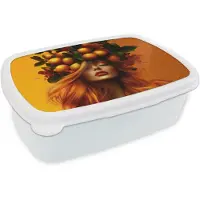 MuchoWow Broodtrommel Wit - Lunchbox Vrouw - Citroenen - Bloesem - Geel - Brooddoos 18x12x6 cm - Brood lunch box - Broodtrommels voor kinderen en volwassenen
