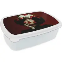 MuchoWow Broodtrommel Wit - Lunchbox Vrouw - Kersen - Slagroom - Brooddoos 18x12x6 cm - Brood lunch box - Broodtrommels voor kinderen en volwassenen