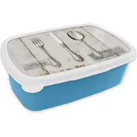 MuchoWow Broodtrommel Blauw - Lunchbox Zilver - Bestek - Hout - Brooddoos 18x12x6 cm - Brood lunch box - Broodtrommels voor kinderen en volwassenen